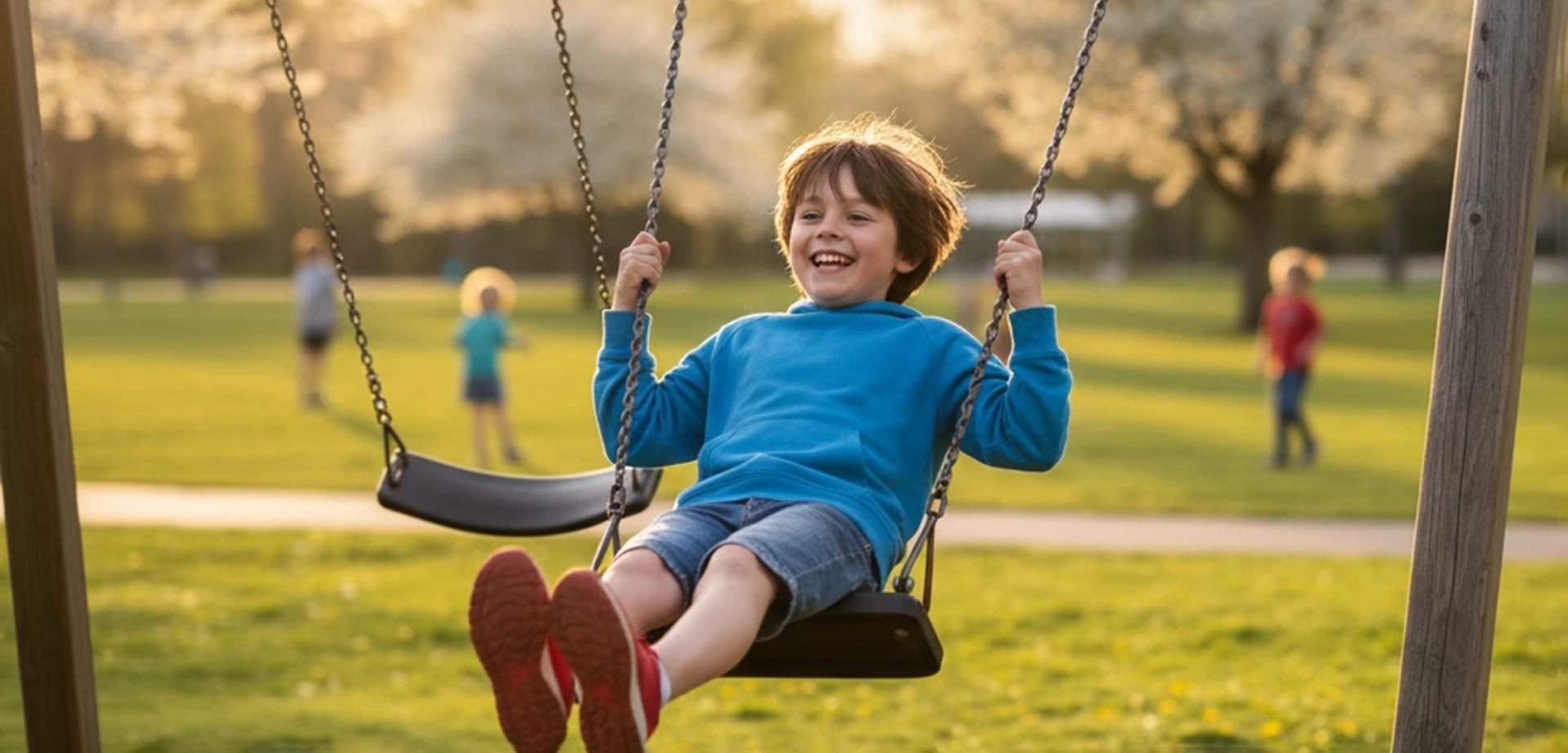 Bambino sorridente su un'altalena in un parco gioco sicuro